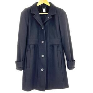 J Crew Black Wool Lady Day Coat Long Fit & Flare Pleated A-Line Topcoat Size 8 M